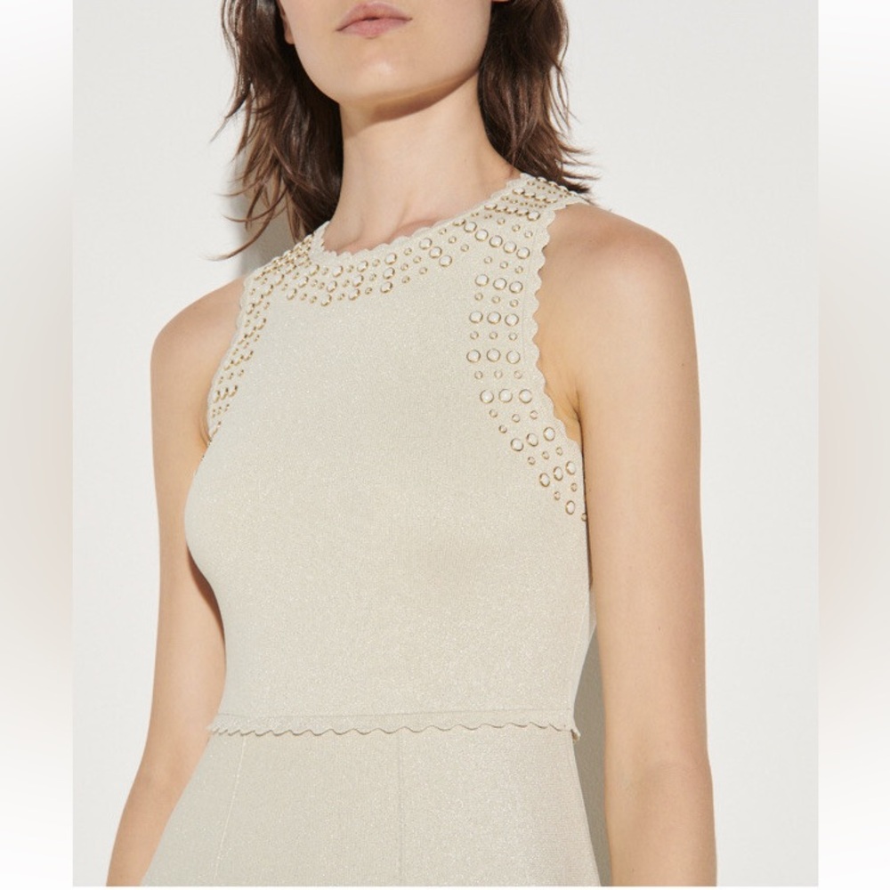 Sandro | Ariane Faux Pearl-Embellished Knitted Dress Gold Metallic Size 38/6 - Picture 5 of 15